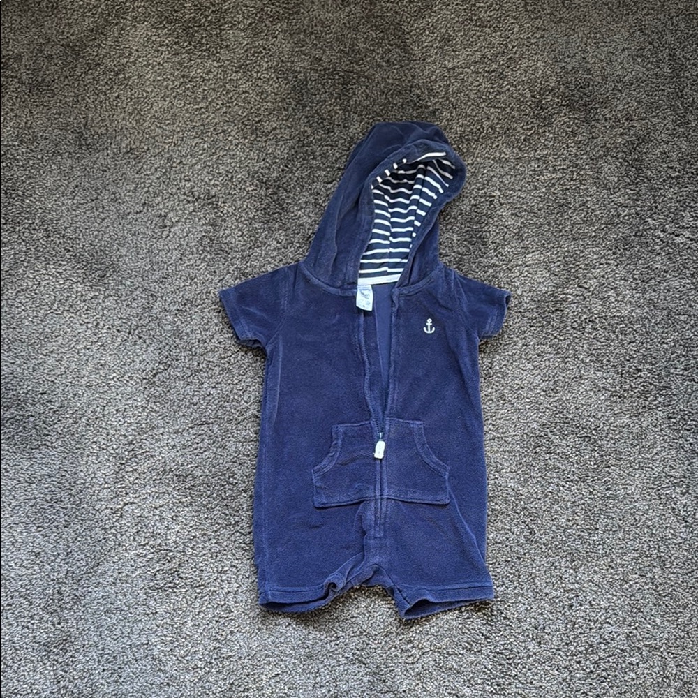 Nautical Navy Hooded terry cloth Romper